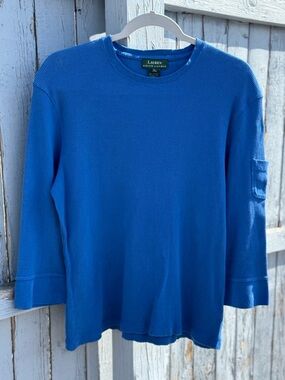 Vintage Lauren Ralph Lauren Blue Ribbed Shirt Large 3/4 Pocket Sleeve 90’s Y2K